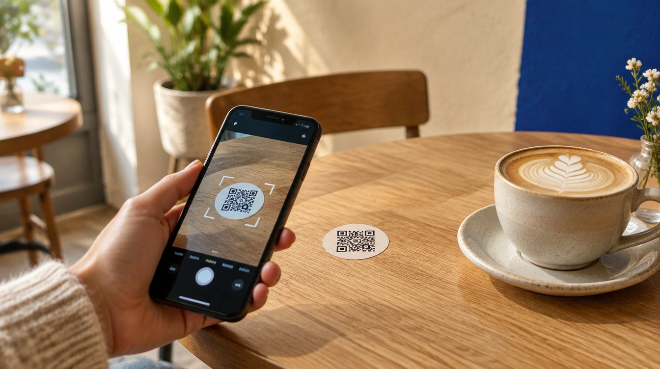 A customer scanning a QR sticker on a cafe table