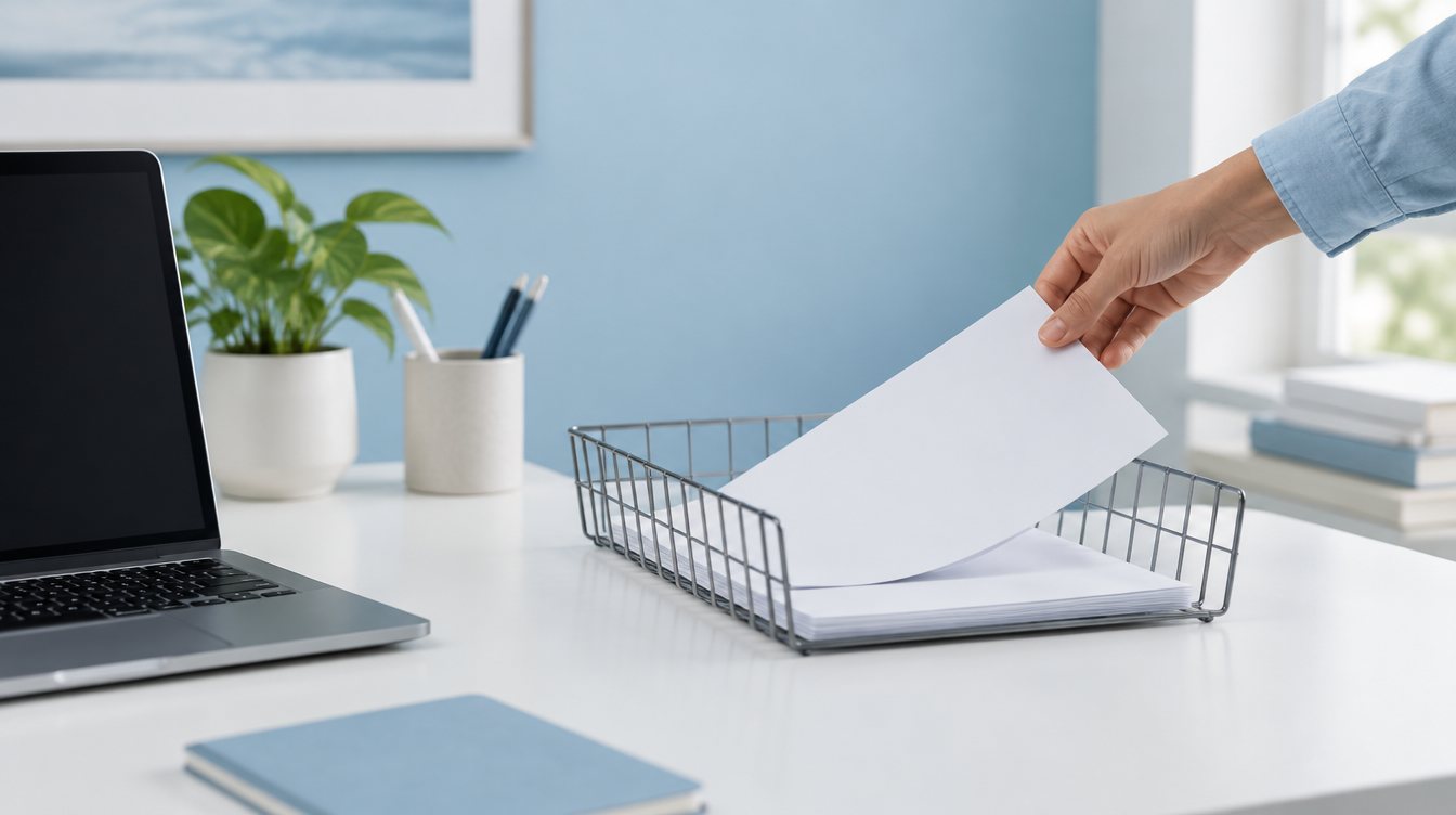 A sheet of paper being placed in a review tray beside a laptop