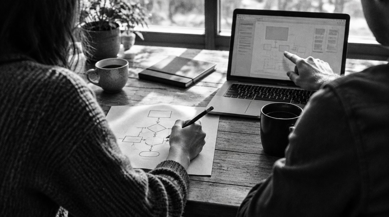 Two people at one desk, one sketching a flow and one pointing at a laptop