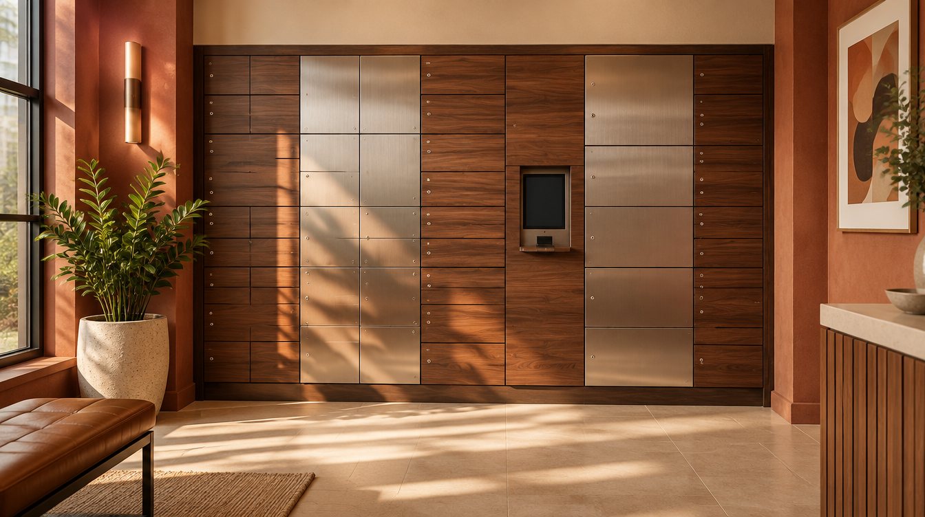 An apartment building package room with a wall of lockers