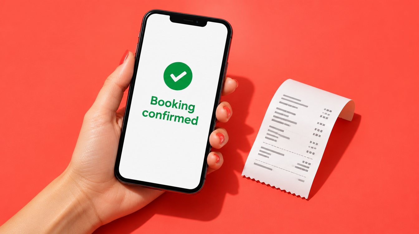 A phone showing a confirmed booking next to a receipt