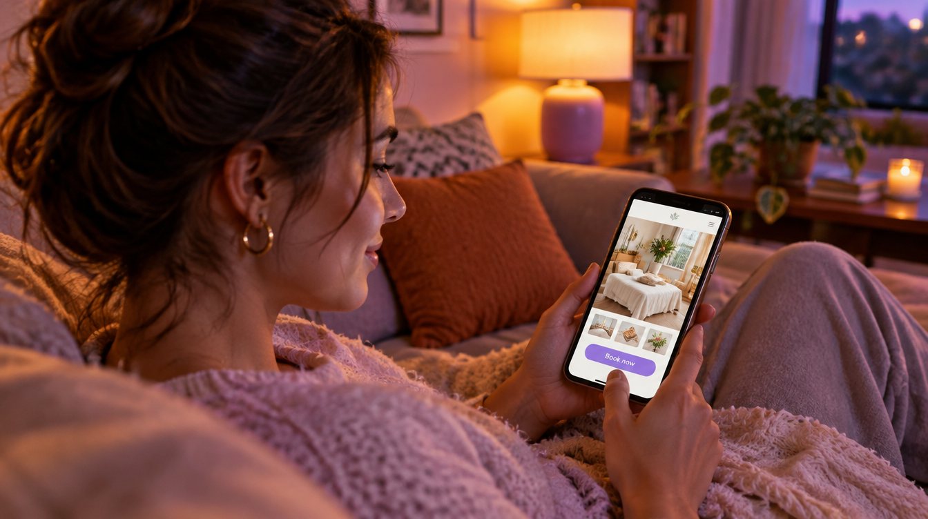Someone browsing a local business website on their phone at home