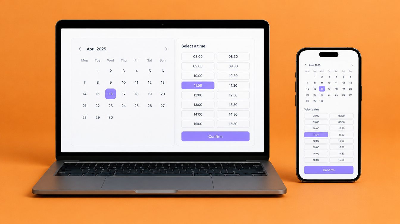 A booking calendar open on a laptop and a phone