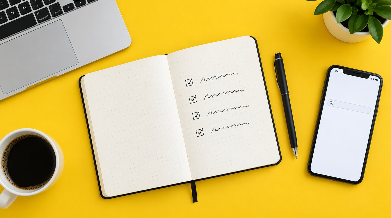 A notebook with a ticked checklist on a yellow desk